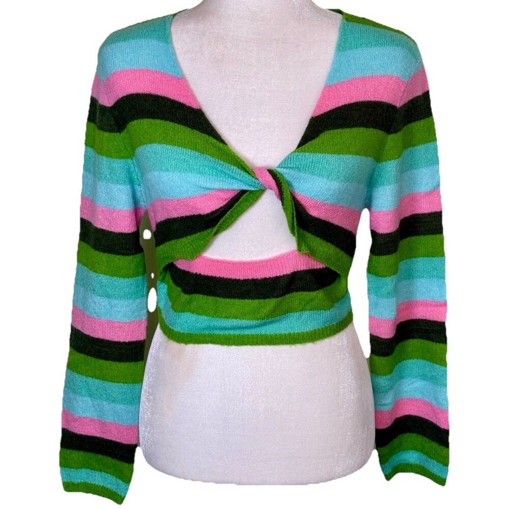 Women Y2K Colorblock Stripe Cropped Knit Top Candycore Dopamine Dressing Sz Med